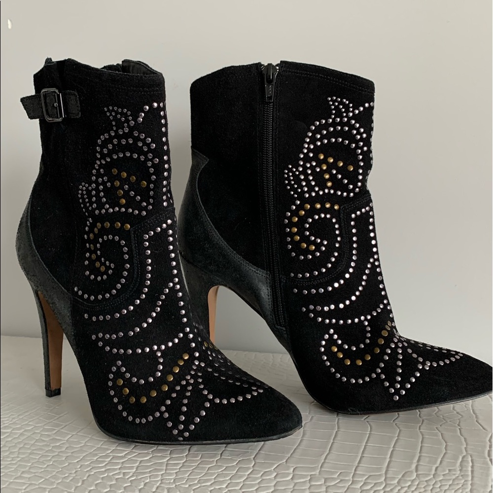 Black suede and leather studded booties